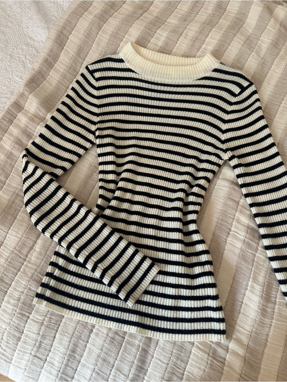Earth Black and Cream Striped Ribbed Crewneck Sweater